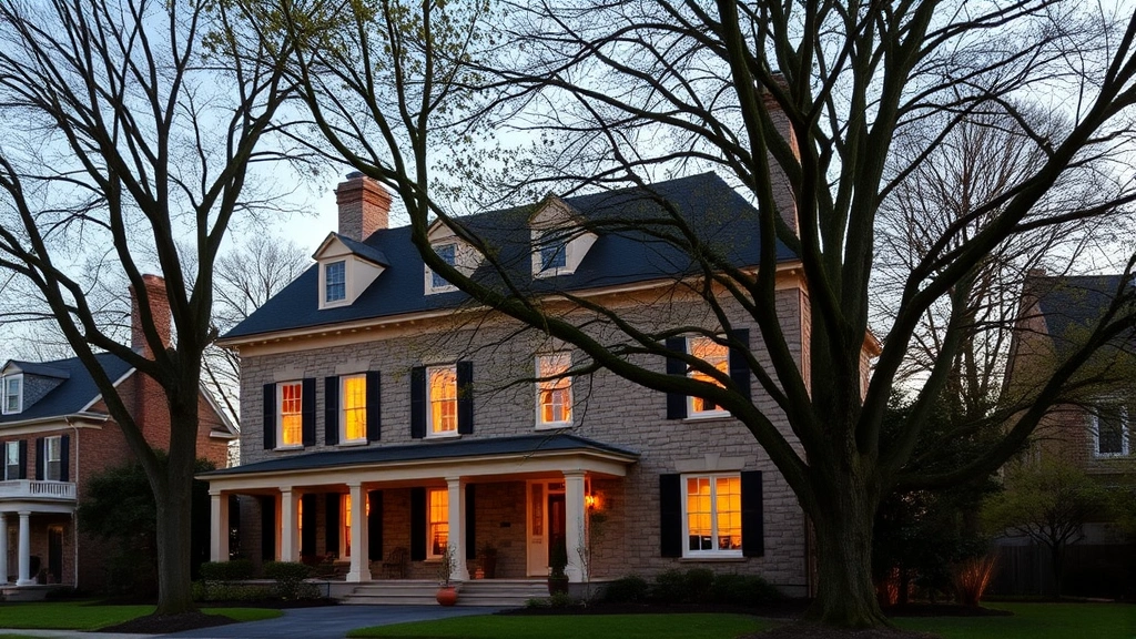 Historic colonial-style home with mature trees and stone exterior in Doylestown Pennsylvania neighborhood, architectural detail, golden hour lighting