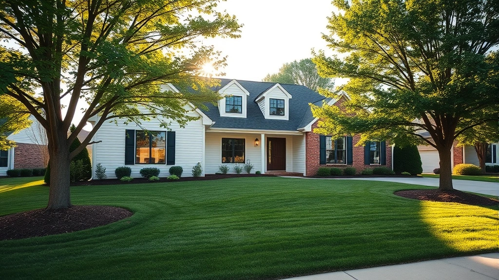 Modern suburban home with manicured lawn and mature trees in North Canton Michigan neighborhood, afternoon sunlight, white vinyl siding, brick accents, professional landscaping