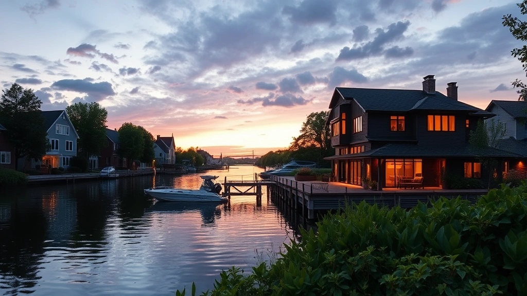 Waterfront property along Huron River in Downtown Canton with dock access, contemporary home architecture, sunset lighting, peaceful water view, green vegetation