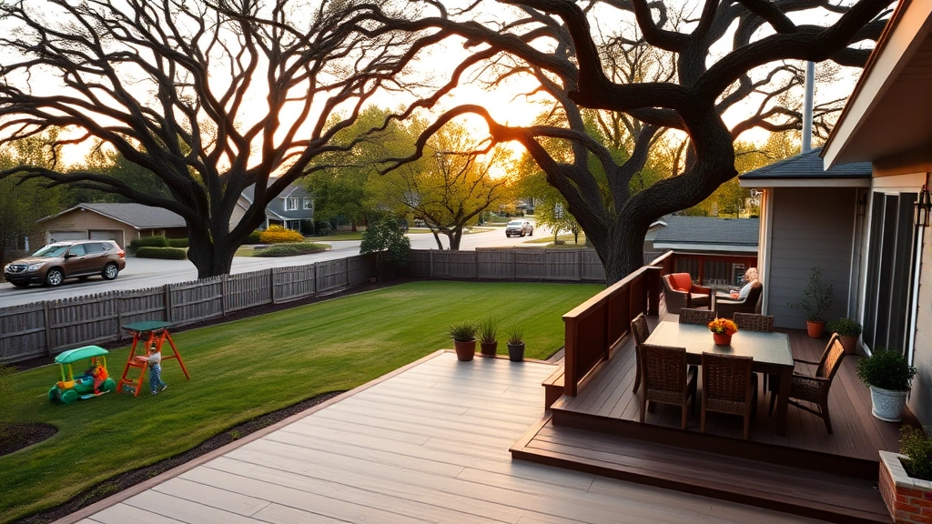 Spacious family home with large backyard, children's play area, deck with outdoor seating, mature oak trees, residential street with other homes visible, warm evening light