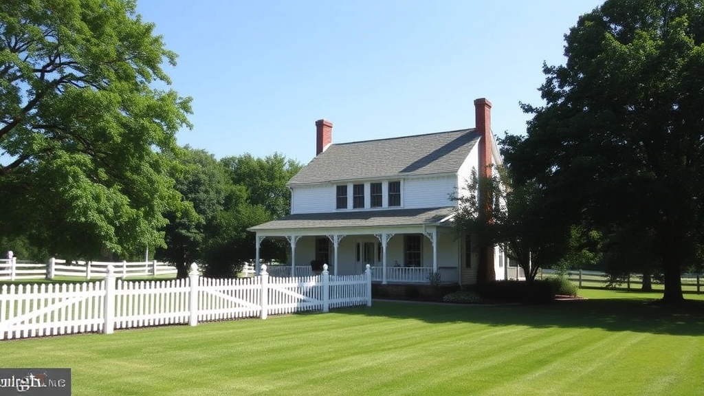 Charming Victorian farmhouse with white picket fence, mature trees, and well-maintained lawn in rural Maryland countryside setting