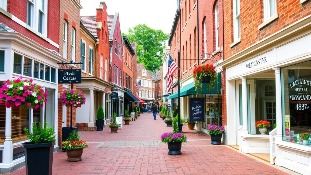 Historic Westminster downtown Main Street with brick buildings, flower baskets, and local shops reflecting small-town Maryland charm