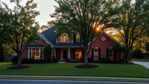 Modern two-story family home with brick exterior, manicured lawn, and mature trees in Cartersville Georgia neighborhood during golden hour sunlight