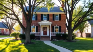 Charming two-story brick home with black shutters, white front porch, mature trees, well-maintained lawn, morning sunlight, suburban Midwest setting