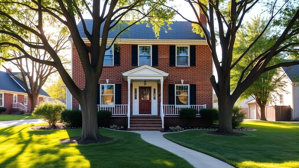 Charming two-story brick home with black shutters, white front porch, mature trees, well-maintained lawn, morning sunlight, suburban Midwest setting