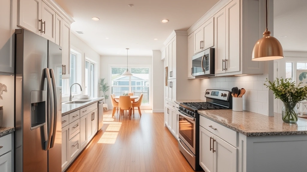 Modern kitchen interior with white cabinetry, stainless steel appliances, granite countertops, hardwood floors, bright natural lighting, open to living area