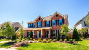 Modern two-story residential home with manicured landscaping and brick exterior in suburban Tennessee setting, bright sunny day with clear blue sky