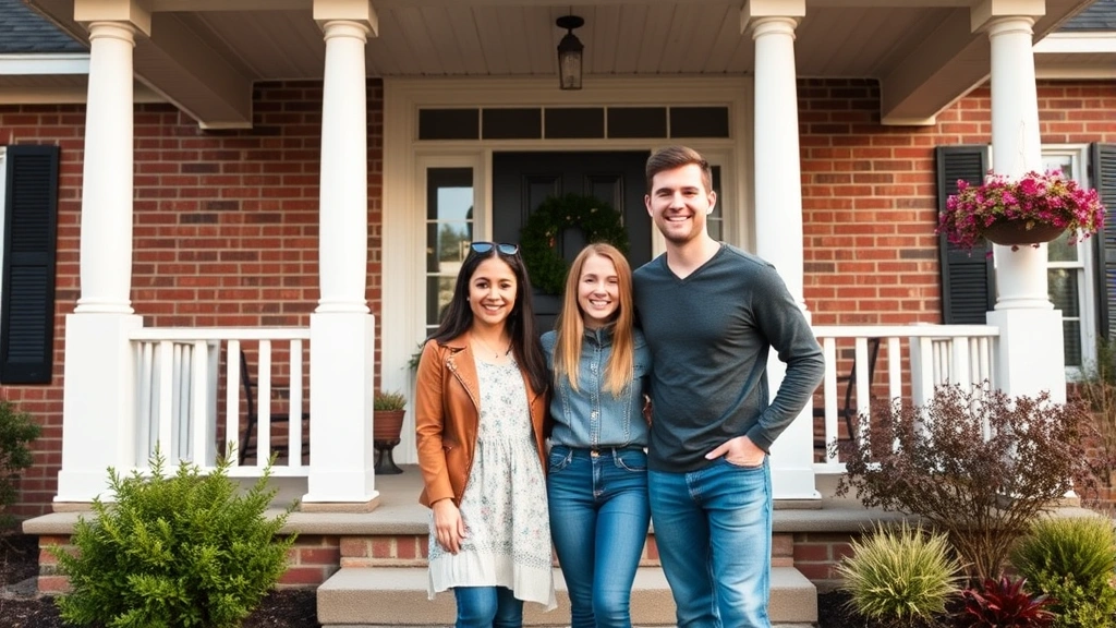 Young family standing in front of newly purchased home in Cleveland Tennessee, smiling and happy, daytime exterior shot with welcoming front porch