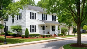 Modern two-story suburban home in Columbia Tennessee with manicured landscaping, white vinyl siding, black shutters, and welcoming front porch on tree-lined residential street