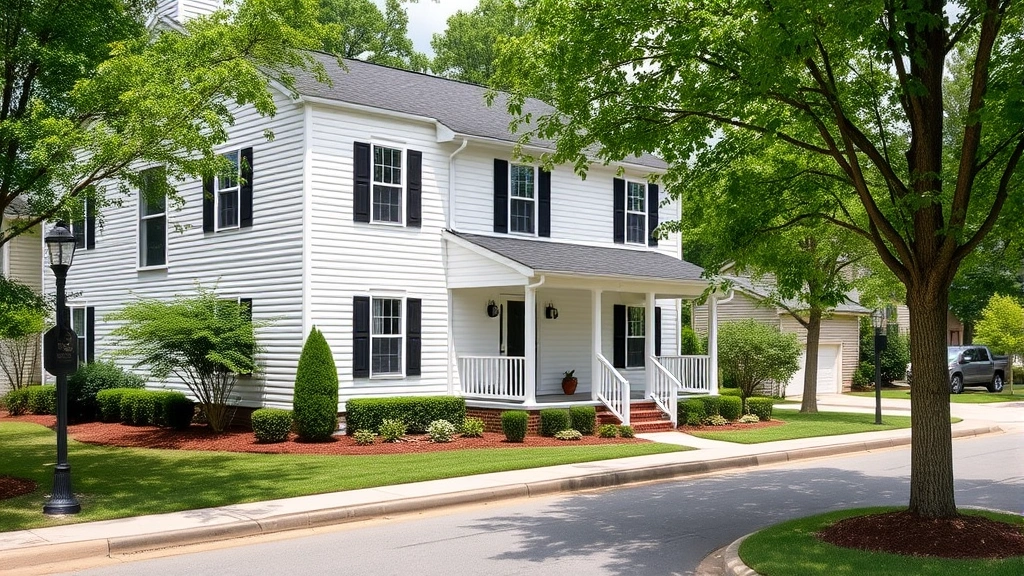 Modern two-story suburban home in Columbia Tennessee with manicured landscaping, white vinyl siding, black shutters, and welcoming front porch on tree-lined residential street