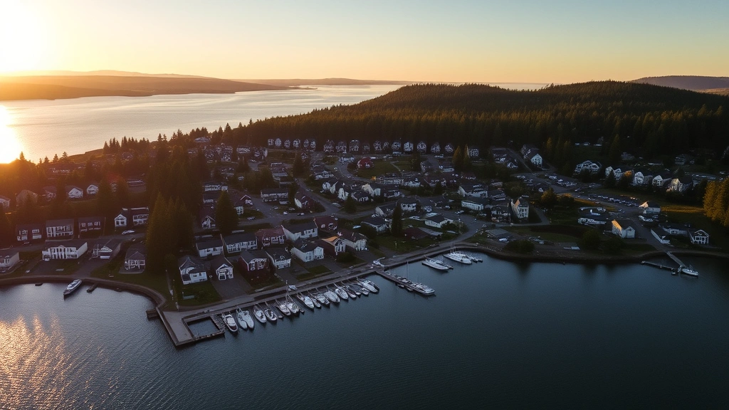 Aerial view of Coos Bay waterfront neighborhood showing residential properties, marina docks, forested hillsides, and sparkling bay water during golden hour sunset