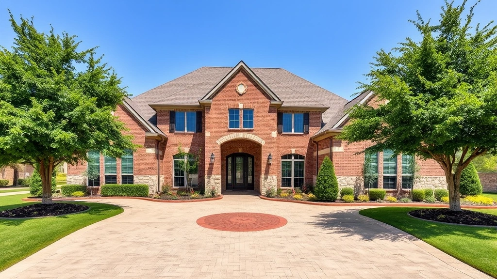 Modern luxury home in Cypress Texas with brick and stone exterior, manicured landscape, circular driveway, professionally designed front yard with mature trees, bright sunny day, high-end residential neighborhood