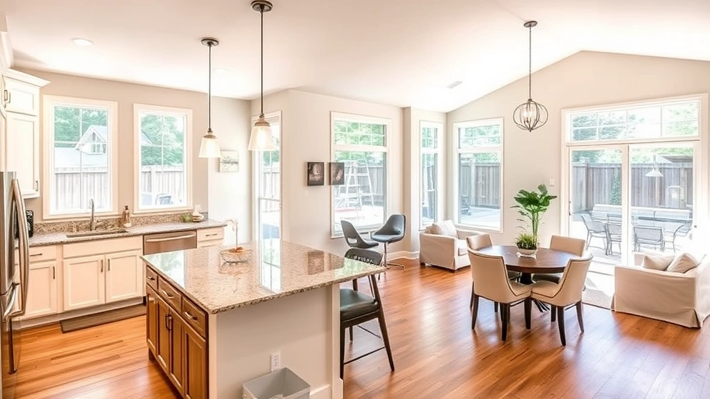 Beautiful open-concept kitchen and living room with granite countertops, stainless steel appliances, hardwood floors, large windows overlooking backyard patio, contemporary home interior design, warm natural lighting