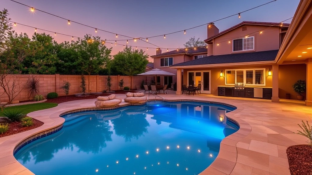 Spacious backyard with resort-style pool, covered patio, outdoor kitchen area, landscaped gardens, string lights overhead, evening ambiance, luxury residential property amenities, family-friendly outdoor living space