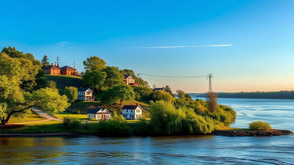 Beautiful riverside landscape showing Davenport Iowa with Mississippi River, mature trees, and residential homes on hillside overlooking water in afternoon sunlight