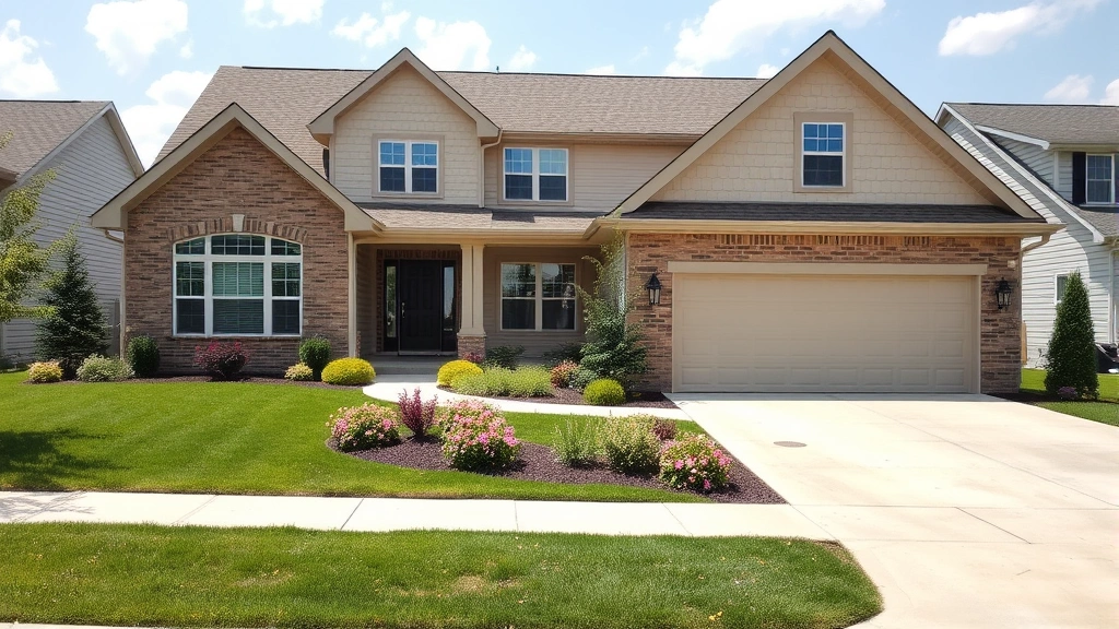Modern suburban home exterior featuring beige siding, manicured lawn with flowering shrubs, two-car garage, and professional landscaping in residential Davenport neighborhood