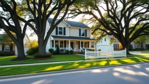 A welcoming two-story suburban home with a manicured front lawn, white picket fence, and mature oak trees on a quiet residential street in Michigan, morning sunlight reflecting off windows, green lawn, established neighborhood setting