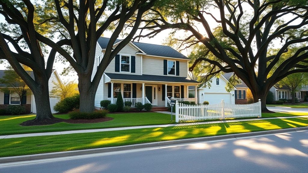 A welcoming two-story suburban home with a manicured front lawn, white picket fence, and mature oak trees on a quiet residential street in Michigan, morning sunlight reflecting off windows, green lawn, established neighborhood setting