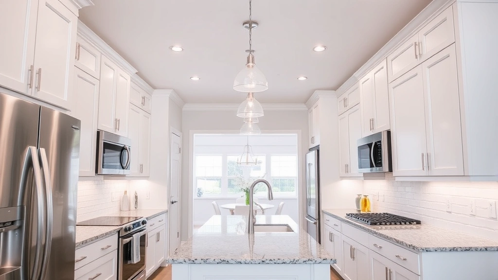 Interior view of a bright, modern kitchen with white cabinetry, stainless steel appliances, granite countertops, and pendant lighting above an island, adjacent dining area visible through doorway, clean contemporary design