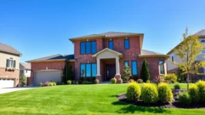 Modern two-story suburban home with brick facade, manicured lawn, mature landscaping, driveway, clear blue sky, professional real estate photography style
