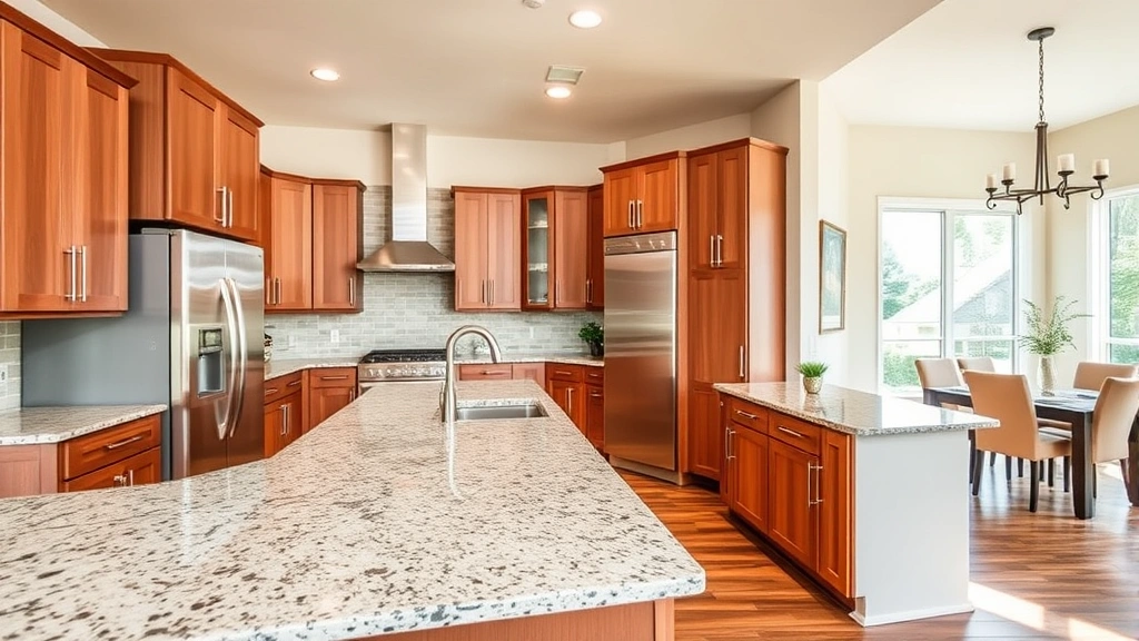 Spacious open-concept kitchen with granite countertops, stainless steel appliances, natural lighting, wood cabinetry, island seating area, contemporary design