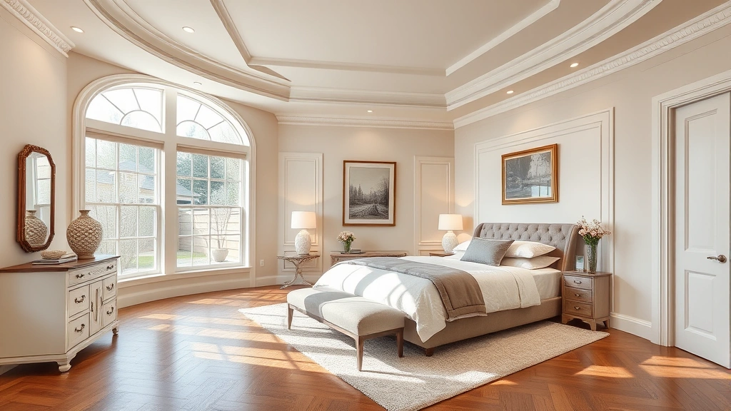 Elegant master bedroom with crown molding, hardwood flooring, large windows with soft lighting, neutral color palette, professional bedroom staging