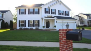 Modern two-story residential home with white siding, black shutters, manicured lawn, brick mailbox, morning sunlight, clear sky, suburban neighborhood street
