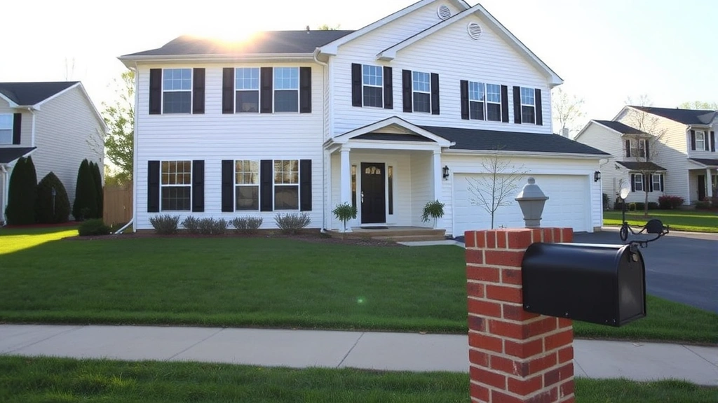 Modern two-story residential home with white siding, black shutters, manicured lawn, brick mailbox, morning sunlight, clear sky, suburban neighborhood street