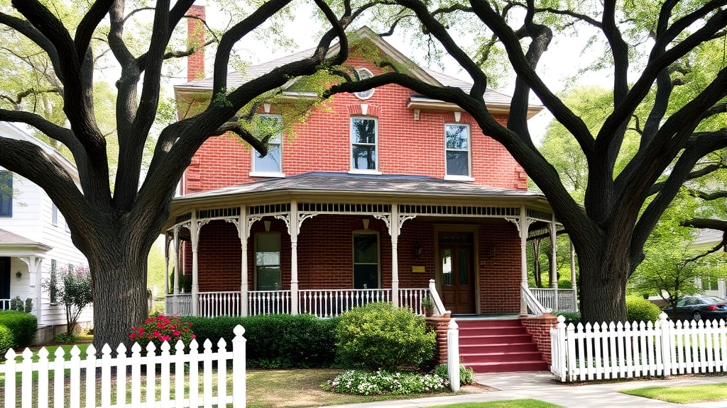 Charming brick Victorian-era home with covered front porch, mature oak trees, white picket fence, flowering gardens, peaceful residential setting