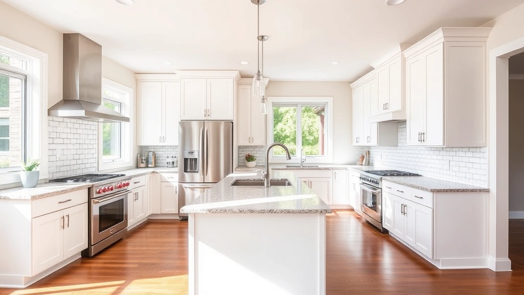 Contemporary open-concept kitchen with white cabinets, stainless steel appliances, granite countertops, natural light from large windows, hardwood flooring