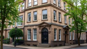Elegant Victorian townhouse exterior in Edinburgh with original stone facade, ornate windows, and black door on tree-lined street with period architecture surrounding it