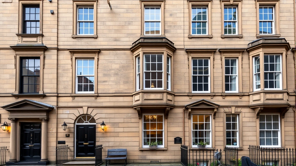 Elegant Georgian townhouse exterior in Edinburgh's New Town with traditional stone facade, large sash windows, and period architectural details, daytime lighting