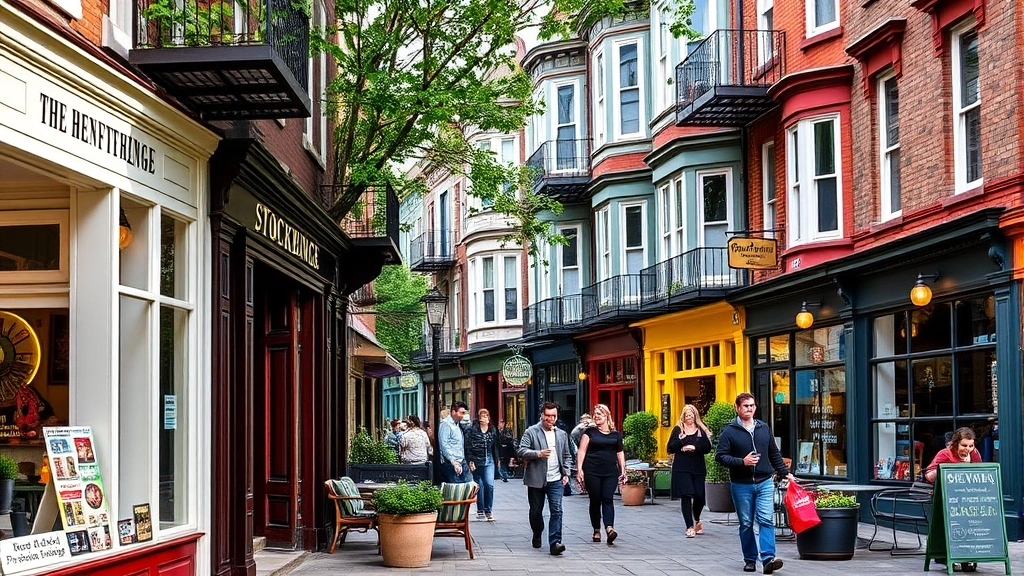 Vibrant Stockbridge neighborhood street scene with independent shops, cafes with outdoor seating, Victorian tenement buildings, and locals walking past colorful storefronts