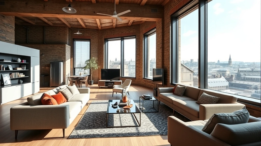 Modern open-plan living room with exposed stone walls in converted Edinburgh loft, contemporary furniture, large windows overlooking city skyline, bright natural lighting