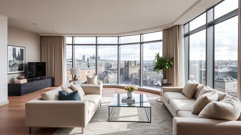 Modern luxury apartment interior with contemporary furnishings, floor-to-ceiling windows overlooking Edinburgh cityscape, neutral color palette, professional staging
