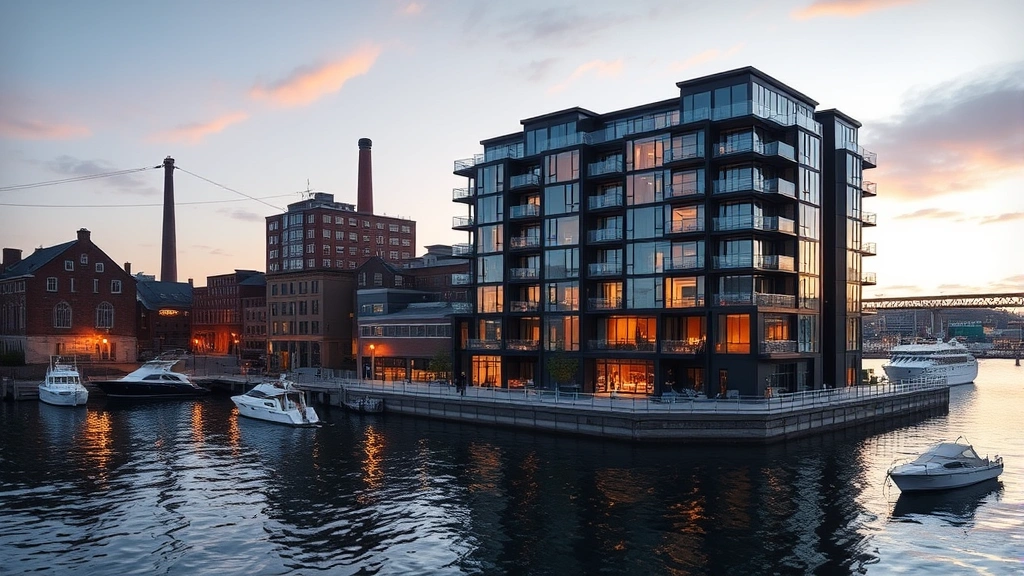 Modern waterfront apartment building at Leith Shore with contemporary glass and steel architecture, restored historic warehouses nearby, water reflections, boats in harbor, sunset lighting