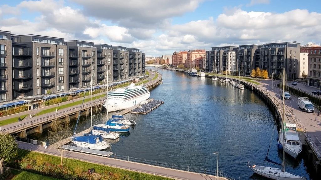 Waterfront residential development in Leith Edinburgh with modern apartments, harbor views, boats moored nearby, regenerated area with contemporary buildings and pedestrian pathways