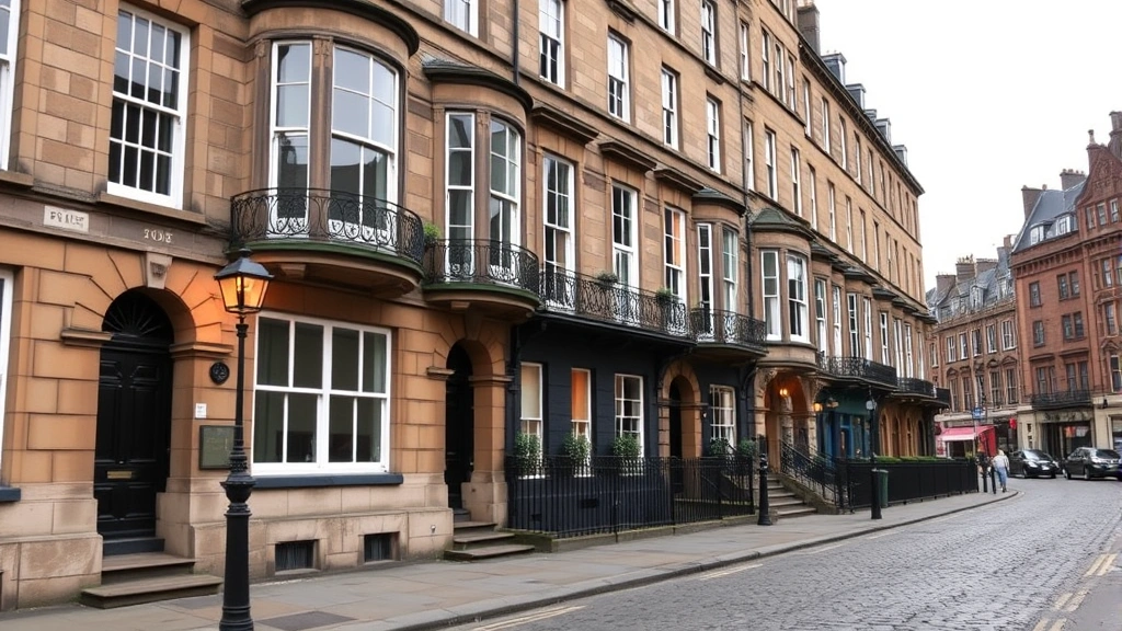 Charming Victorian tenement building exterior on Edinburgh street with historic character, gas lamps, cobblestone pavement, traditional Scottish architecture