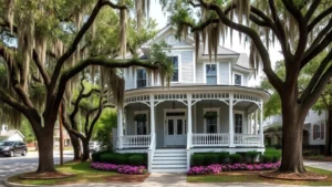 Charming historic Victorian home with wraparound porch on tree-lined Fairhope street, Spanish moss hanging from oaks, welcoming entrance with flowering landscaping