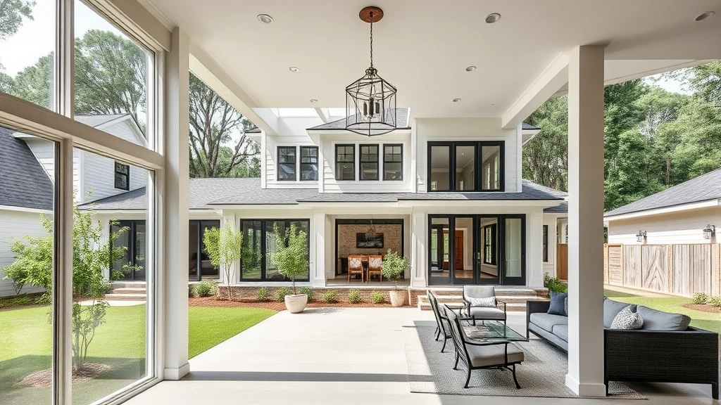 Contemporary family home in Fairhope residential neighborhood with open concept design visible through windows, large backyard, mature trees, new construction quality finish