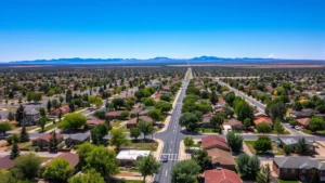 Aerial view of suburban Farmington New Mexico residential neighborhood with tree-lined streets and single-family homes on sunny day, mountains visible in distance