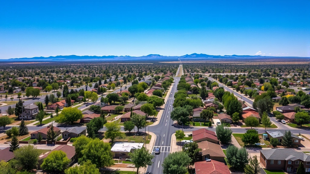 Aerial view of suburban Farmington New Mexico residential neighborhood with tree-lined streets and single-family homes on sunny day, mountains visible in distance