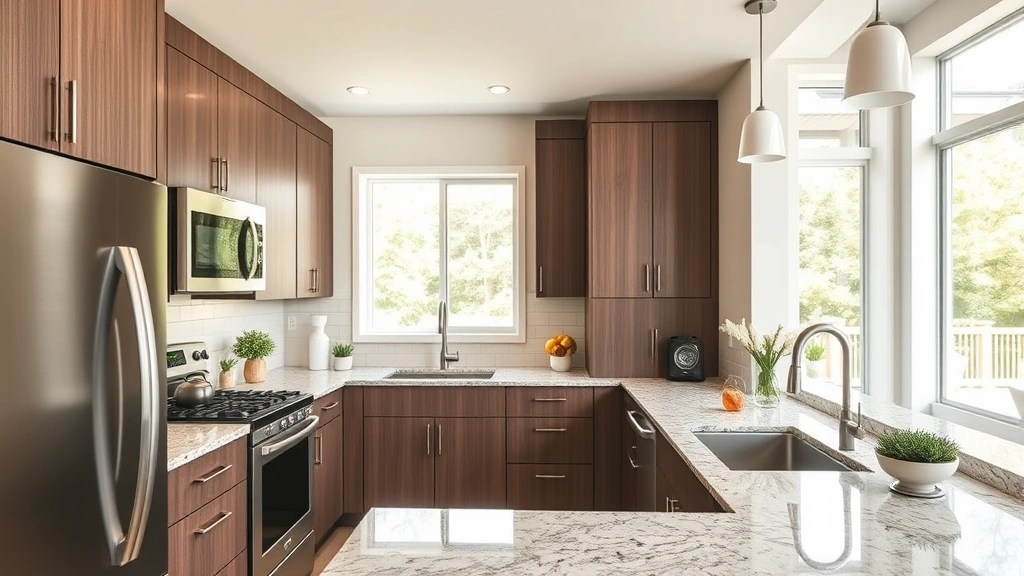 Modern kitchen interior with stainless steel appliances, granite countertops, and bright natural lighting in contemporary Farmington home, photorealistic