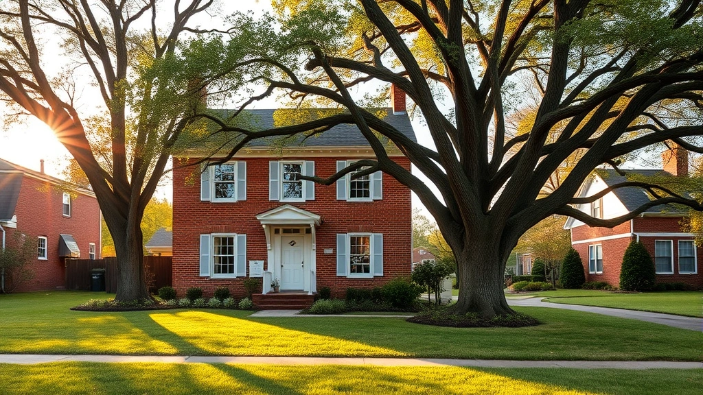 Charming two-story brick colonial home with white shutters, mature oak trees in yard, manicured lawn, Findlay Ohio style residential neighborhood, late afternoon golden light