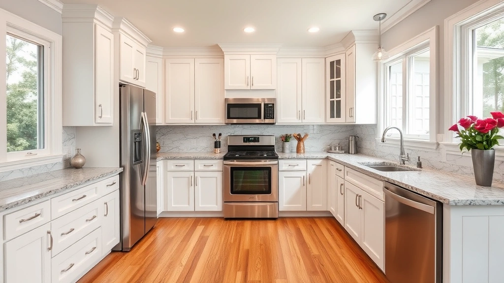 Modern kitchen renovation with white cabinetry, granite countertops, stainless steel appliances, hardwood flooring, bright natural light from windows