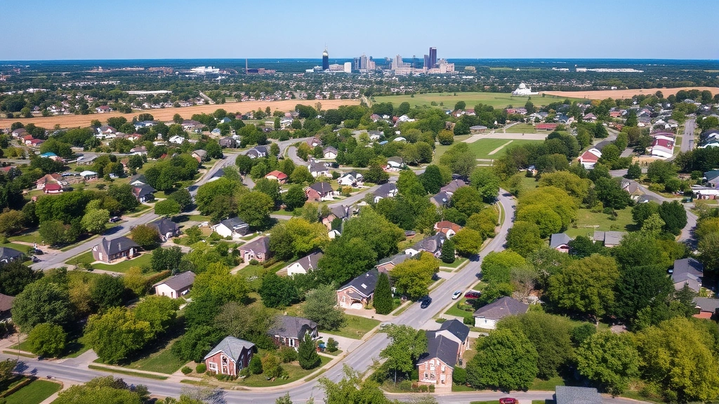 Aerial view of Findlay Ohio residential neighborhood with tree-lined streets, mix of home styles, parks visible, downtown skyline in distance, blue sky