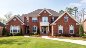 Modern two-story brick family home with white trim, manicured lawn, curved driveway, and mature landscaping in Florence Alabama neighborhood