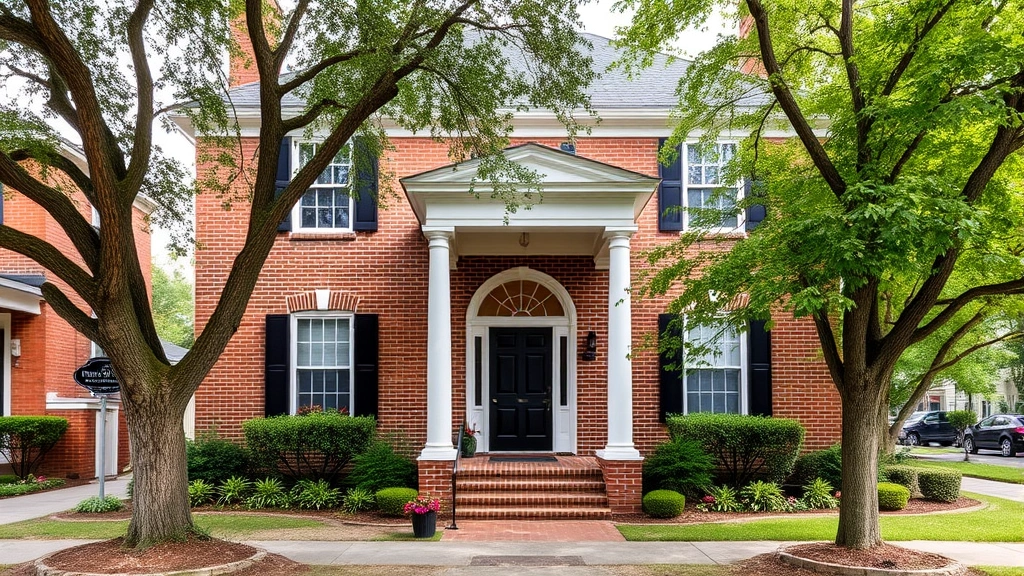 Charming historic brick home with white columns, original architecture, established trees, and welcoming front entrance in downtown Florence district