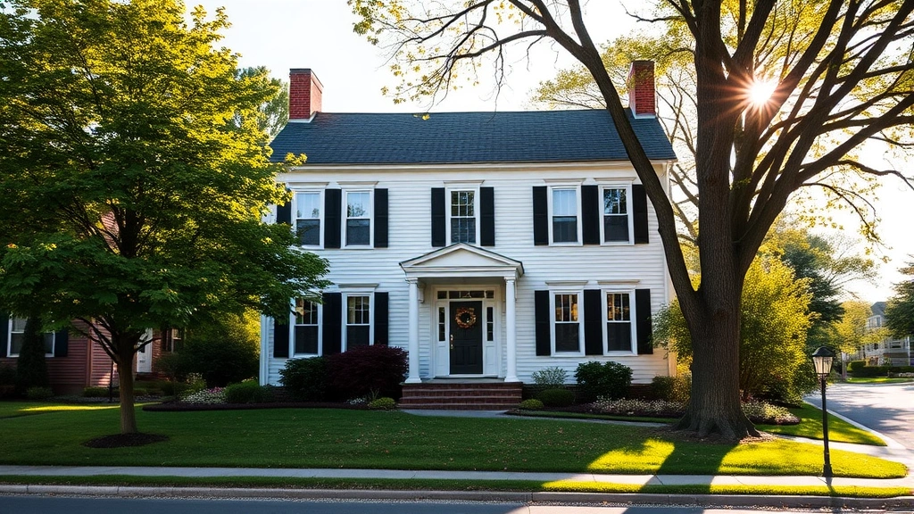 Beautiful colonial-style home with white trim and black shutters, manicured front lawn with mature trees, classic New England architecture, afternoon sunlight, residential street setting