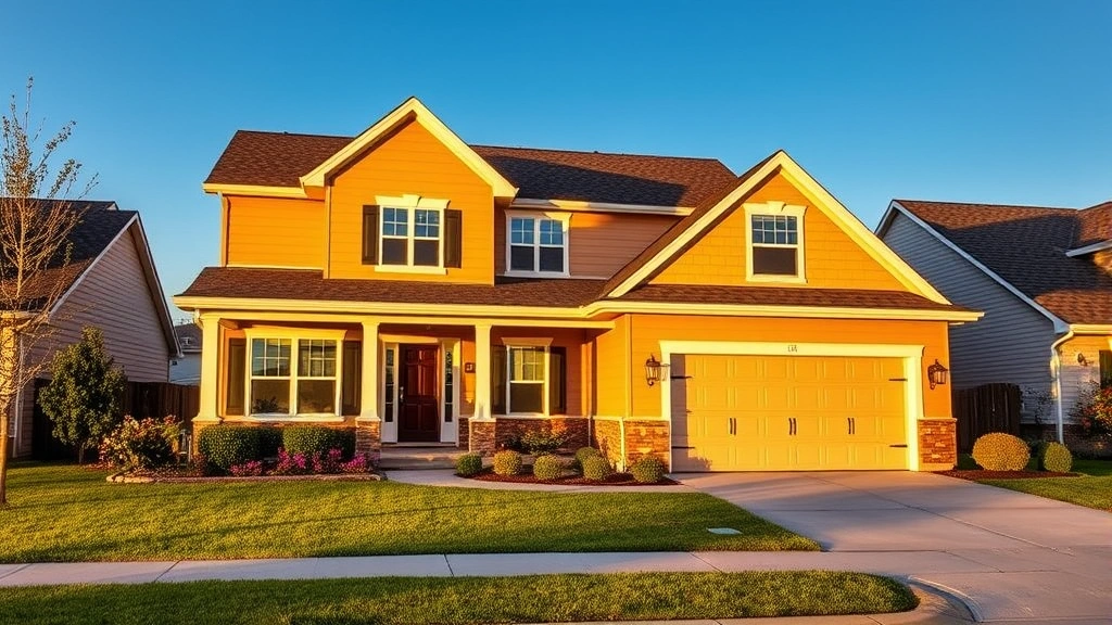 Spacious family home exterior with two-car garage, welcoming front porch, landscaped yard with flowering shrubs, blue sky, suburban residential neighborhood, afternoon golden hour lighting
